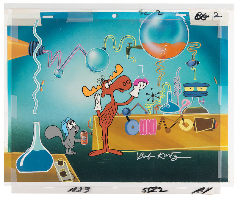 Lot 409 Rocky and Bullwinkle production cels and production drawings from a Bullwinkle's Vitamin Soda Pop television commercial