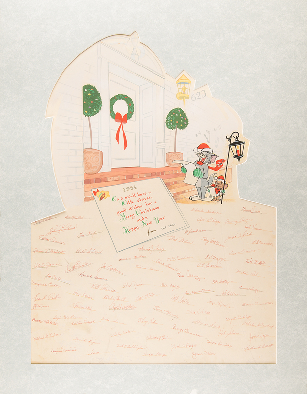 Lot 405 Tom and Jerry oversized hand-painted 1951 Christmas Card presented to Fred Quimby, signed by (70+) MGM animation department employees including Bill Hanna, Joe Barbera, Tex Avery, and more - (27˝ x 34.5˝)