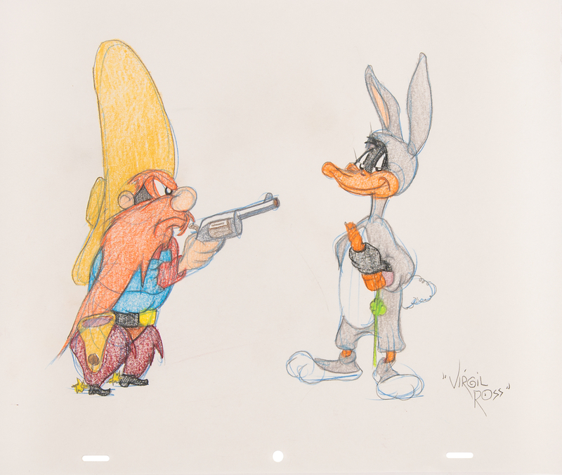 Lot 518 Virgil Ross Signed Original Drawing of Daffy Duck and Yosemite Sam