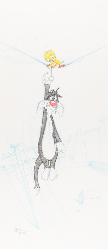 Lot 512 Virgil Ross Signed Original Panoramic Drawing of Tweety and Sylvester