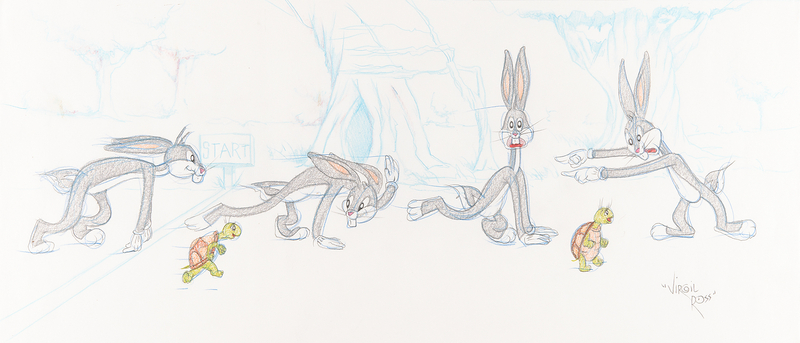 Lot 516 Virgil Ross Signed Original Panoramic Drawing of Bugs Bunny and Cecil Turtle