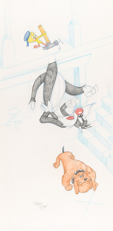 Lot 513 Virgil Ross Signed Original Panoramic Drawing of Tweety, Sylvester, and Hector the Bulldog