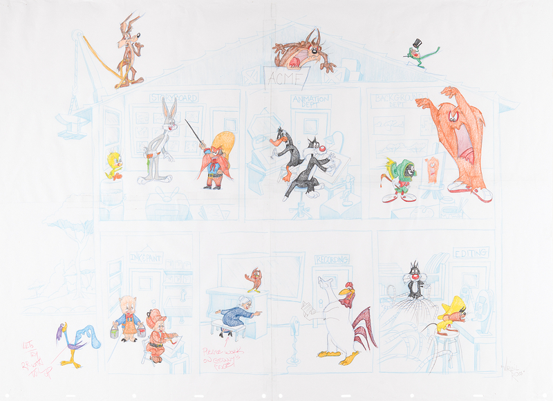 Lot 515 Virgil Ross Signed Original Four-Sheet Drawing of (18) Looney Characters - 34? x 24.75?