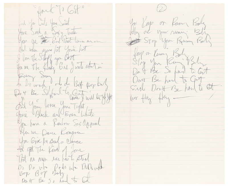 Lot 713 Rick James Original Handwritten Song Lyrics for 'Hard to Get'