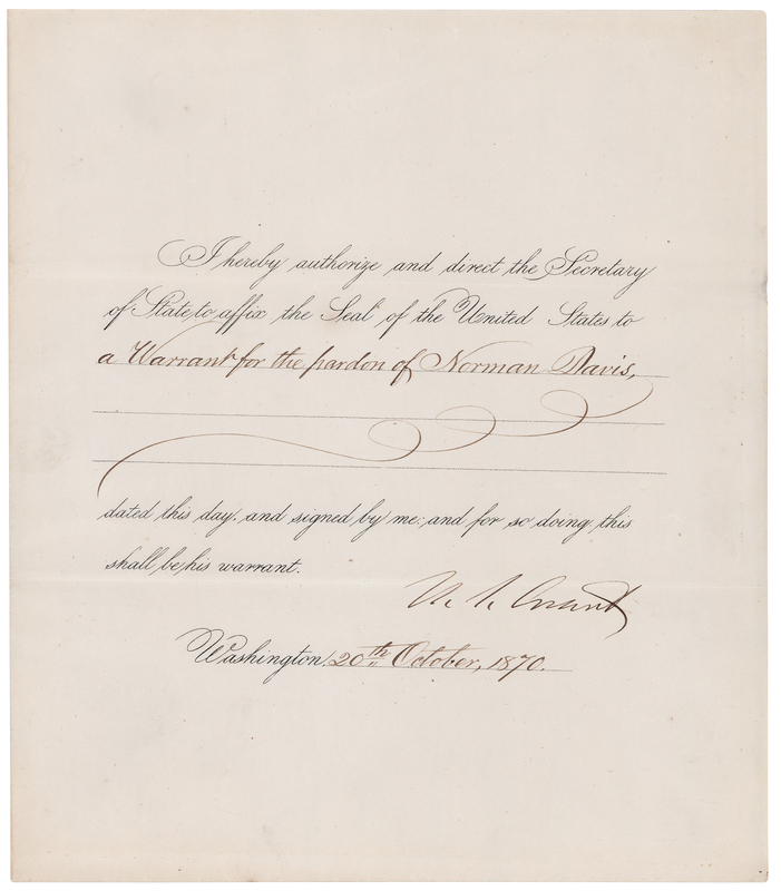 Lot 55 U. S. Grant Document Signed as President - Pardon for a Vermont Mail Thief
