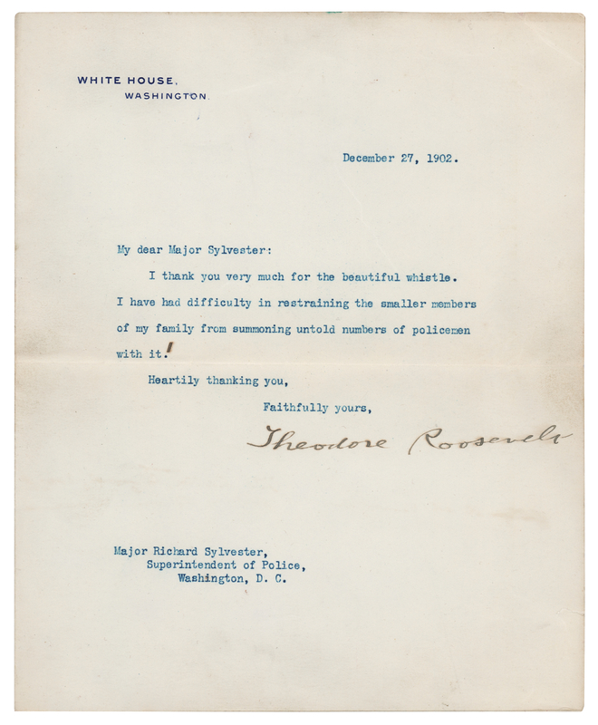 Lot 99 Theodore Roosevelt Typed Letter Signed as President, Thanking Washington's Superintendent of Police