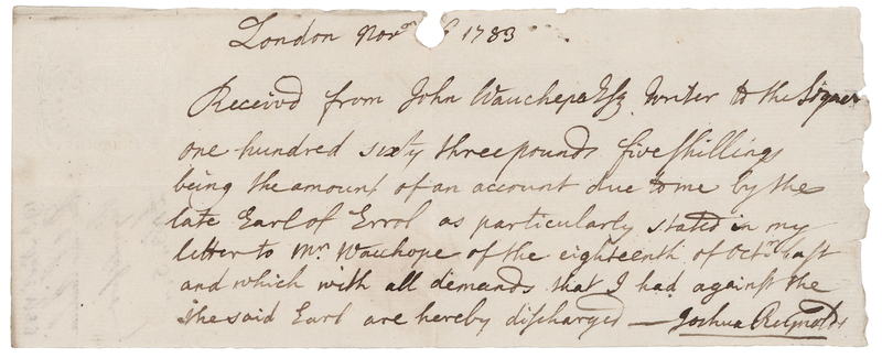 Lot 334 Joshua Reynolds Autograph Document Signed, Acknowledging Payment for a Nobleman's Portrait