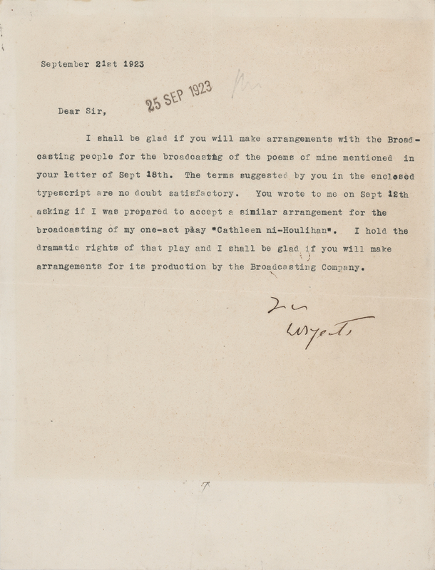 Lot 700 William Butler Yeats Typed Letter Signed, Arranging a Poetry Broadcast