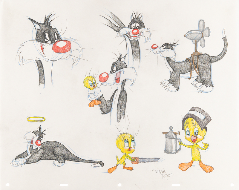 Lot 520 Virgil Ross Signed Original Color Model Drawing of Tweety and Sylvester