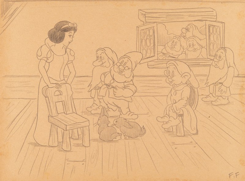 Lot 446 Frank Follmer concept story drawing for Snow White and the Seven Dwarfs