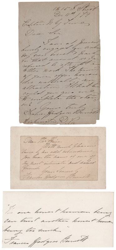 Lot 633 Frances Hodgson Burnett (3) Signed Items - Autograph Quote and (2) Autograph Letters