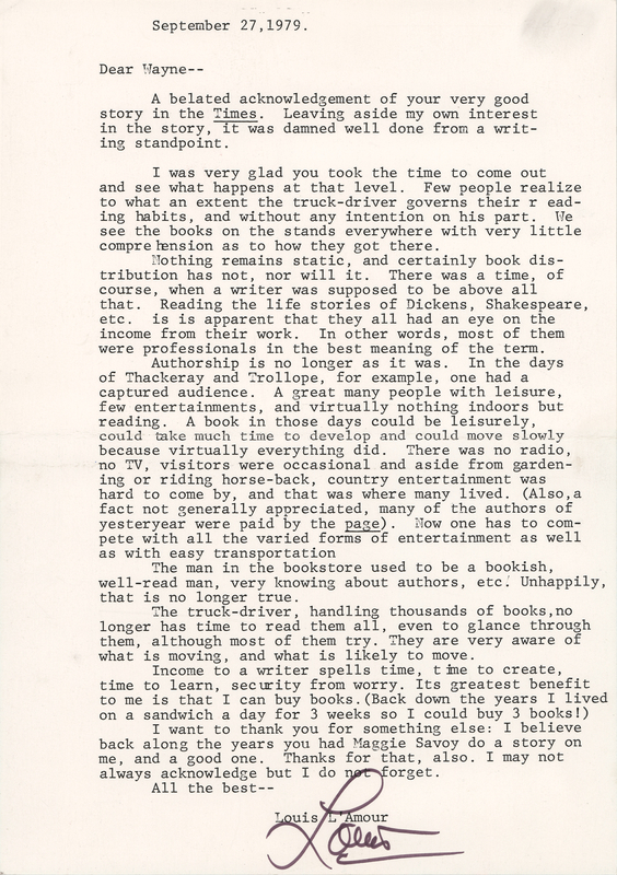 Lot 668 Louis L'Amour Typed Letter Signed: 