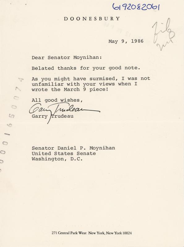 Lot 420 Garry Trudeau Typed Letter Signed to Senator Daniel P. Moynihan