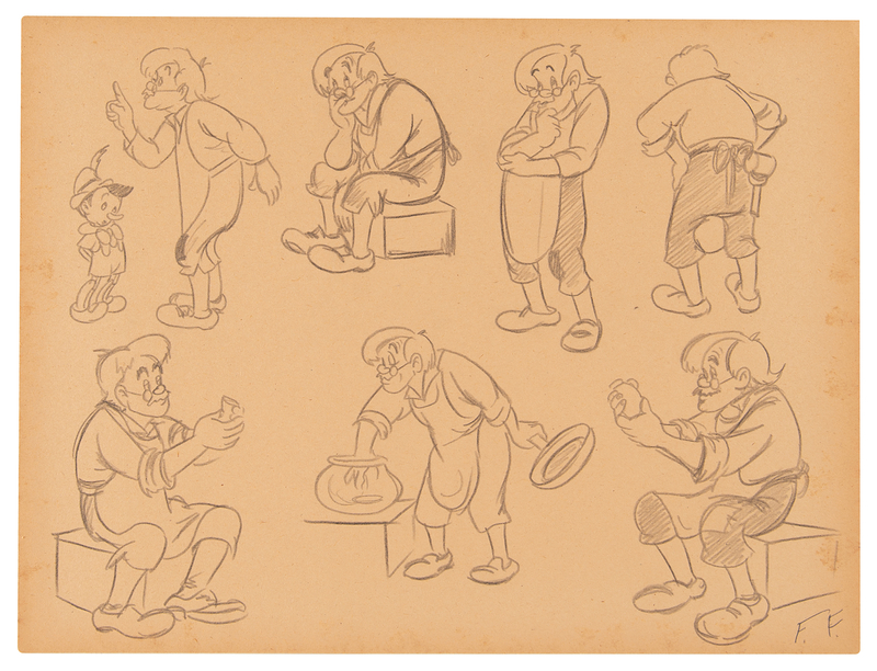 Lot 461 Frank Follmer production preliminary model sheet drawing of Geppetto and Pinnocchio from Pinocchio