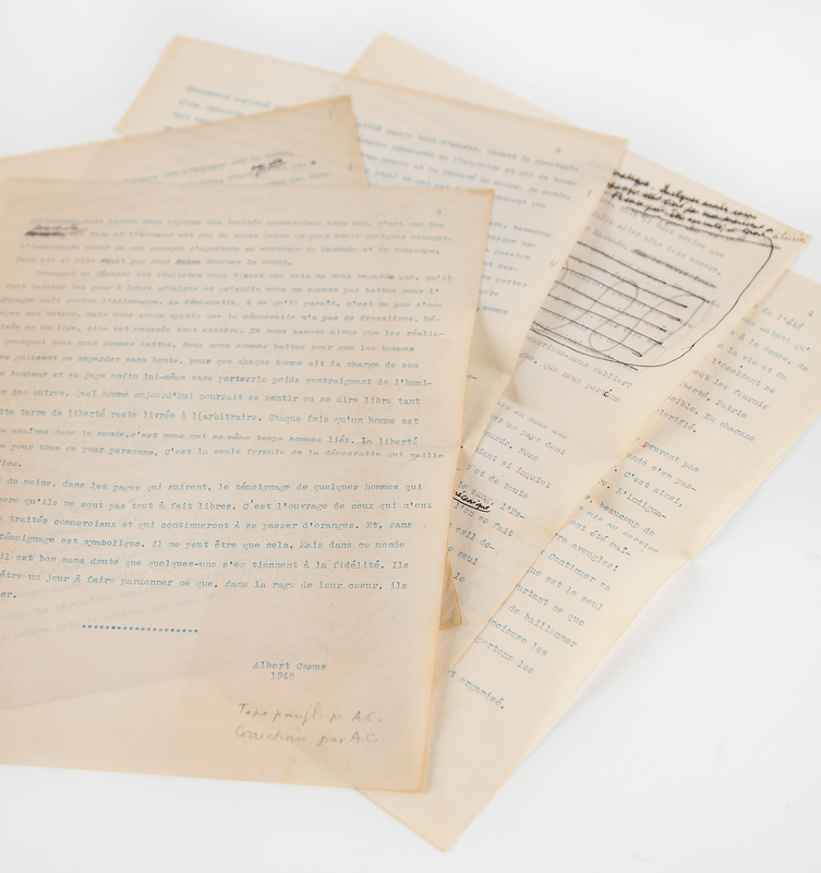Lot 575 Albert Camus Hand-Corrected Typed Manuscript for His Preface to the Spanish Civil War Anthology, L’Espagne Libre [Free Spain]