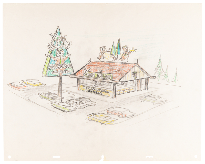 Lot 538 Yogi Bear Jellystone Diner and Drive-In concept drawing for The Yogi Bear Show - Attributed to artist Richard Bickenbach