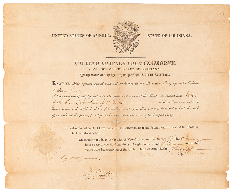 Lot 163 William C. C. Claiborne Document Signed as Governor of Louisiana