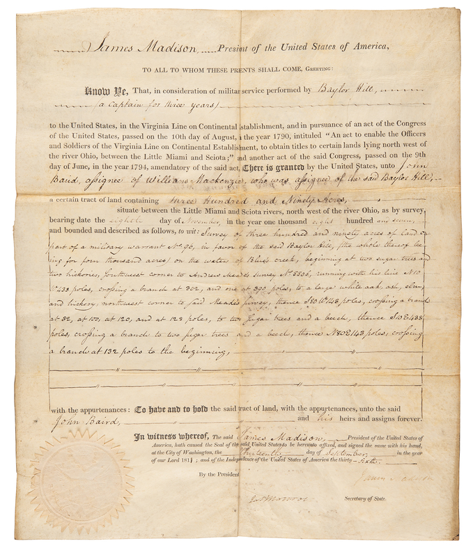 Lot 75 James Madison and James Monroe Document Signed as President and Secretary of State - Land Grant for Continental Army Service