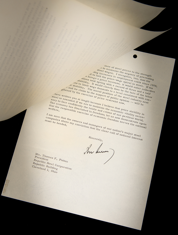 Lot 11 President John F. Kennedy Writes in Length to the President of Republic Steel, Stressing that a Hike in Steel Prices Could Have Adverse Effects on the Economy