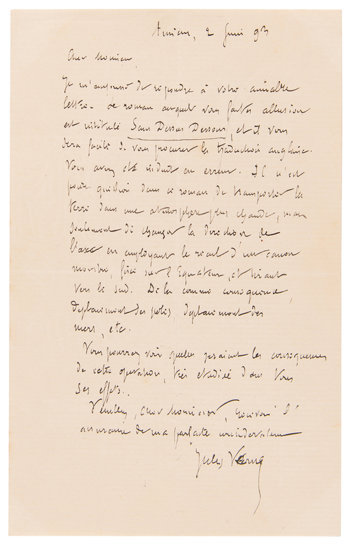 Lot 610 Jules Verne Autograph Letter Signed on His Novel, The Purchase of the North Pole