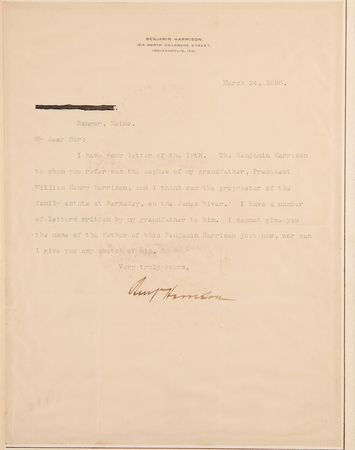 Lot #60 Benjamin Harrison Typed Letter Signed: 