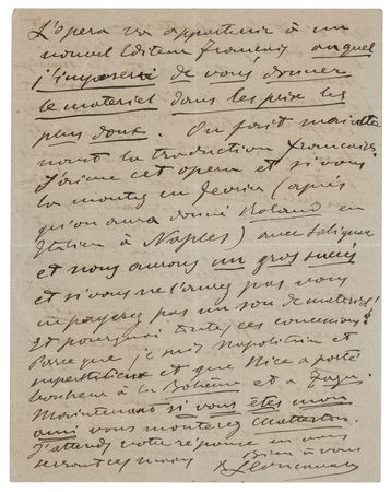 Lot #728 Ruggero Leoncavallo Autograph Letter Signed on His Operas 'Chatterton' and 'Pagliacci' - Image 3
