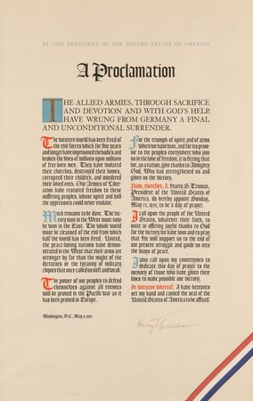 Lot #9 President Harry S. Truman Signed 1945 WWII Victory Proclamation Broadside - Image 1