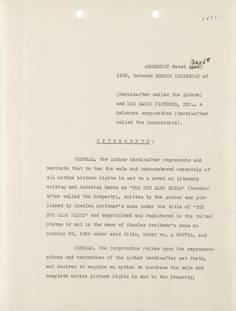 Lot #592 Ernest Hemingway Document Signed for Motion Picture Rights to The Sun Also Rises - Image 1