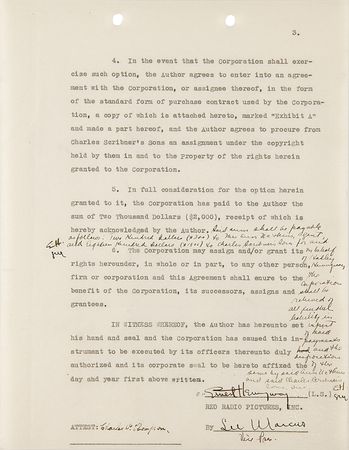 Lot #592 Ernest Hemingway Document Signed for Motion Picture Rights to The Sun Also Rises - Image 3