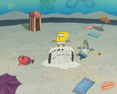 Lot #564 SpongeBob SquarePants, Carol, Frank, and Fat Anchovy production cels and production background from SpongeBob SquarePants - Image 1