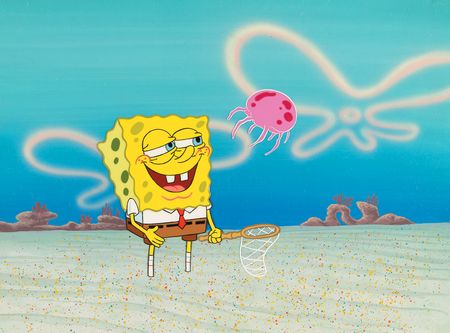 Lot #557 SpongeBob SquarePants and Jellyfish production cels and master production background from SpongeBob SquarePants - Image 1