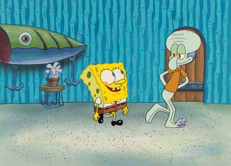 Lot #560 SpongeBob SquarePants and Squidward Tentacles production cels and master production background from SpongeBob SquarePants - Image 1