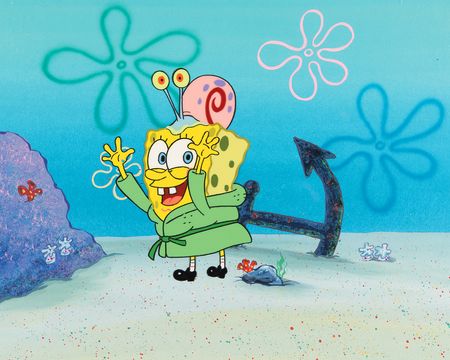 Lot #556 SpongeBob SquarePants and Gary the Snail production cel and master production background from SpongeBob SquarePants - Image 1