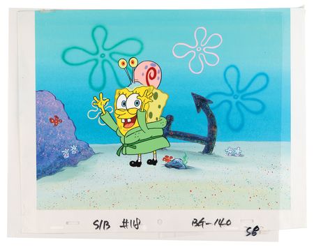 Lot #556 SpongeBob SquarePants and Gary the Snail production cel and master production background from SpongeBob SquarePants - Image 2
