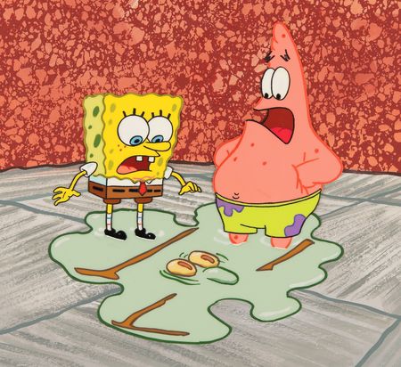 Lot #565 SpongeBob SquarePants, Patrick Star, and Squidward Tentacles production cels and master production background from SpongeBob SquarePants - Image 1