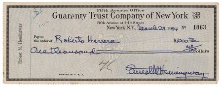 Lot #658 Ernest Hemingway Signed Check to His Cuban Friend - Image 1