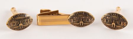 Lot #934 Super Bowl I Gold-Plated Cufflinks and Tie Clasp - Image 1