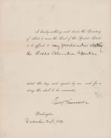 Lot #61 Benjamin Harrison Document Signed as