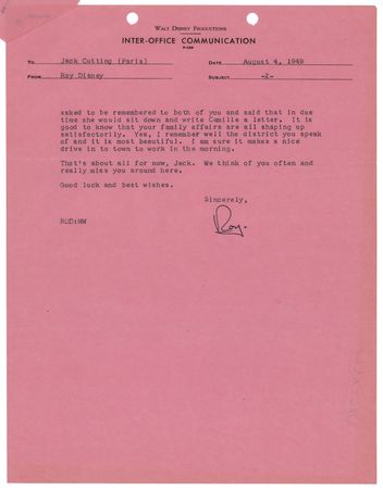 Lot #422 Roy Disney Typed Letter Signed to Disney Animator Jack Cutting on Cinderella and Seal Island - 