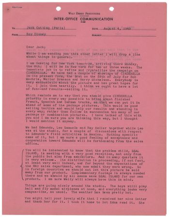 Lot #422 Roy Disney Typed Letter Signed to Disney Animator Jack Cutting on Cinderella and Seal Island - 