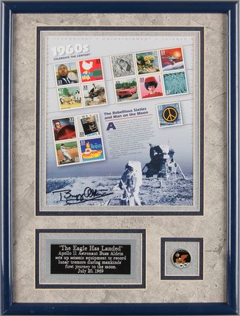 Lot #297 Buzz Aldrin Signed Stamp Sheet - Image 1