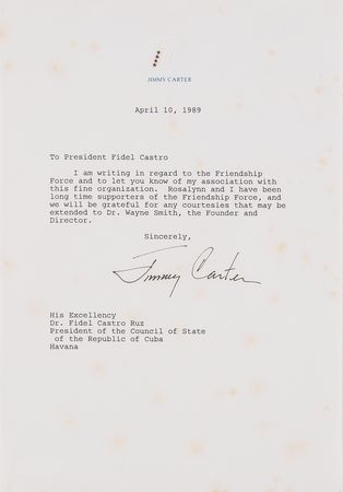 Lot #12 Jimmy Carter Typed Letter Signed to Fidel Castro - Image 1