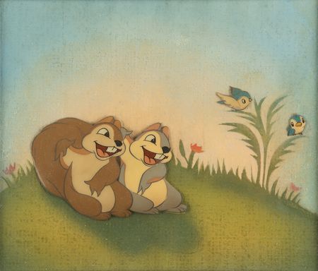 Lot #443 Bluebirds and squirrels production cel set-up from Snow White and the Seven Dwarfs - Image 2