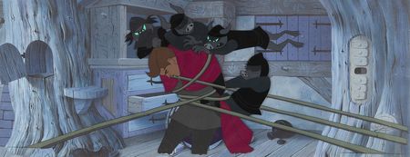 Lot #404 Prince Phillip and Maleficent's Goons production cels and Eyvind Earle panorama background from Sleeping Beauty - Image 1
