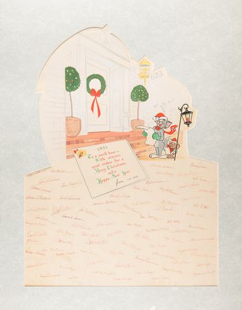 Lot #405 Tom and Jerry oversized hand-painted 1951 Christmas Card presented to Fred Quimby, signed by (70+) MGM animation department employees including Bill Hanna, Joe Barbera, Tex Avery, and more - (27˝ x 34.5˝) - Image 1