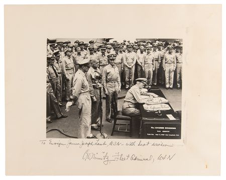 Lot #269 Chester Nimitz Twice-Signed Oversized Photograph of Japanese Surrender - Image 1