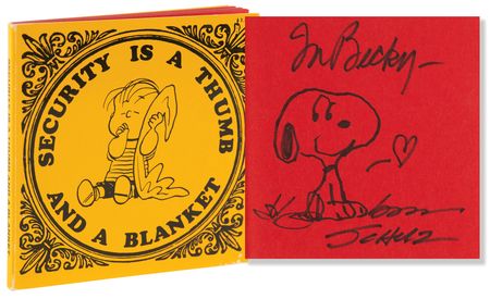 Lot #544 Charles Schulz Signed Sketch of Snoopy in Book - Security is a Thumb and a Blanket - Image 1