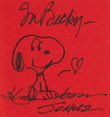 Lot #544 Charles Schulz Signed Sketch of Snoopy in Book - Security is a Thumb and a Blanket - Image 2