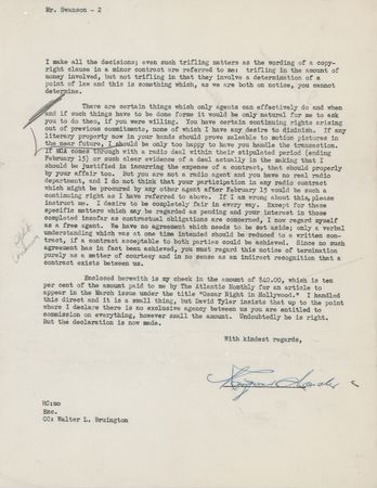 Lot #639 Raymond Chandler Letter Signed to His Literary Agent: 