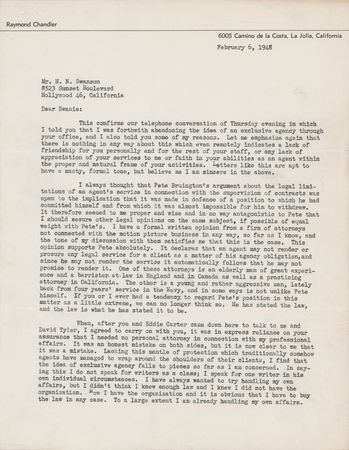Lot #639 Raymond Chandler Letter Signed to His Literary Agent: 